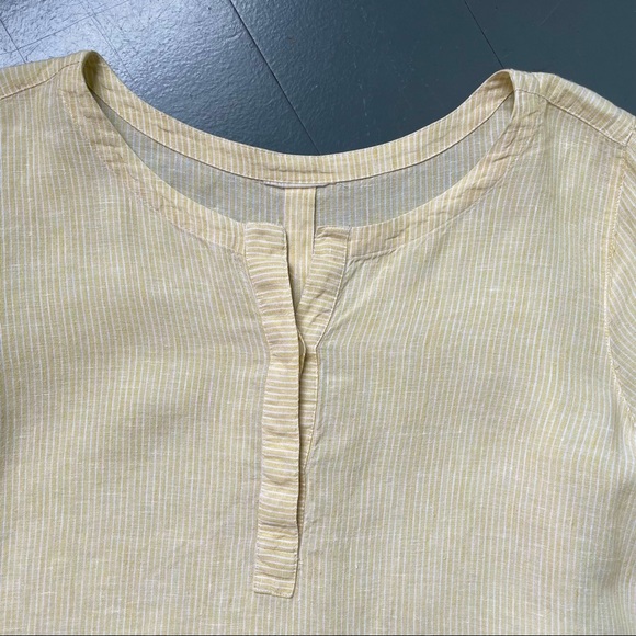 100% Linen Top Minimalist Large Buttery Yellow White Striped Casual Blouse Shirt - Picture 4 of 9